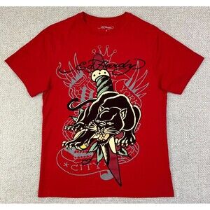 Ed Hardy T-Shirt Black Panther Dragon & Dagger New York City Men's Small Red